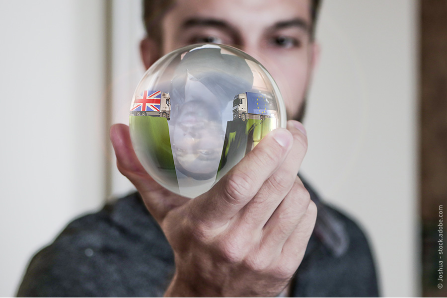 Un jeune homme regarde dans une boule de cristal qu’il tient dans sa main. Elle révèle un camion portant le drapeau britannique