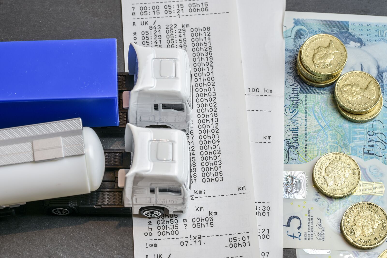 Un camion modèle est posé sur des documents de tachygraphe, entouré de pièces de monnaie et de billets.