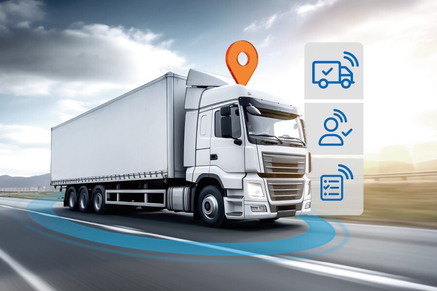 Camion avec épingle de marquage et différents symboles de télématique